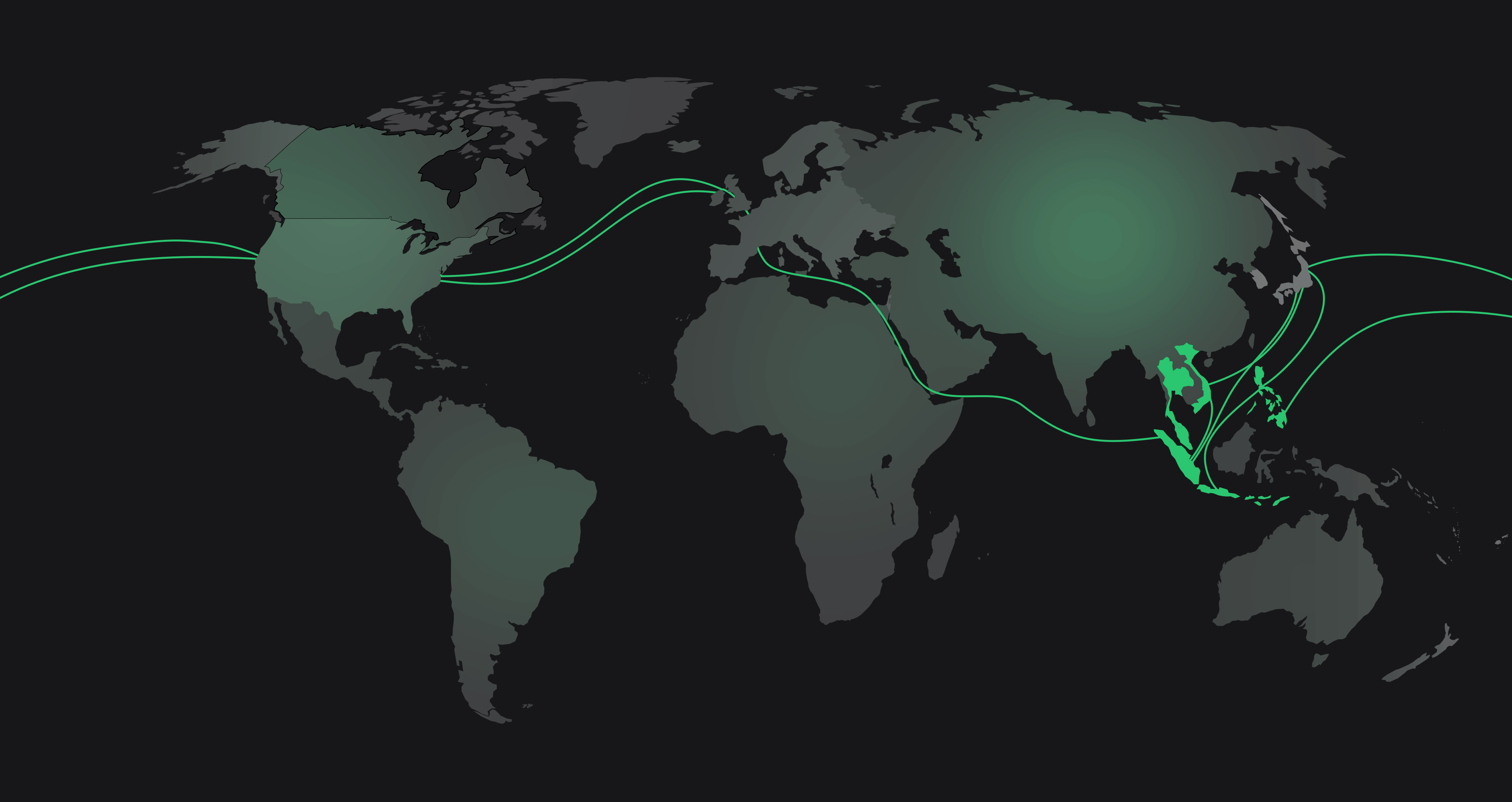 World map of developers in southeast Asia working with the US, and Japanese and world wide customers.